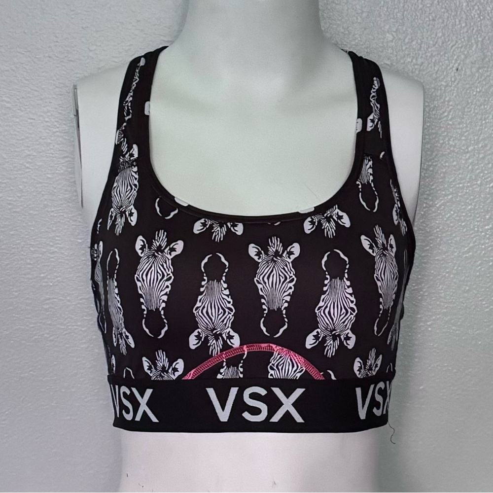 Victorias Secret VSX Sports-Bra Black White Zebra Print Stretch Pullover Size M - Picture 2 of 7